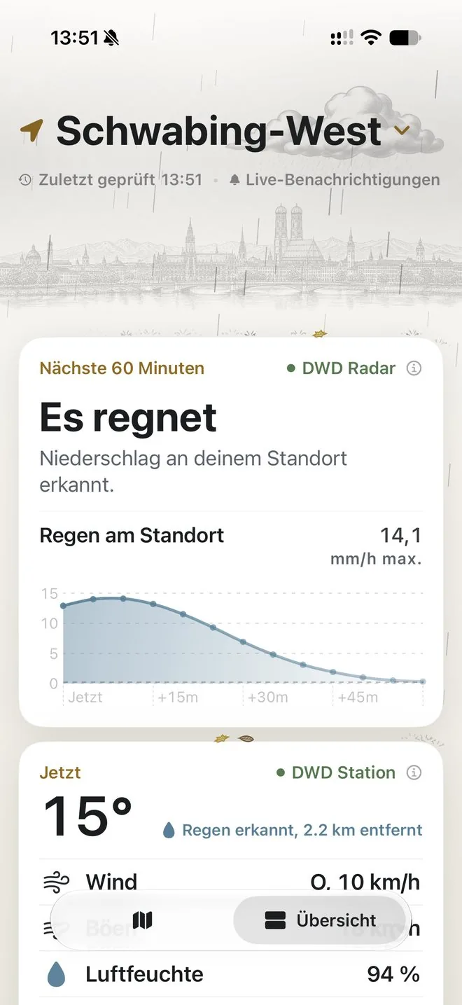 Schmuddelwetter auf dem iPhone: Es regnet mit Regenkurve für die nächste Stunde